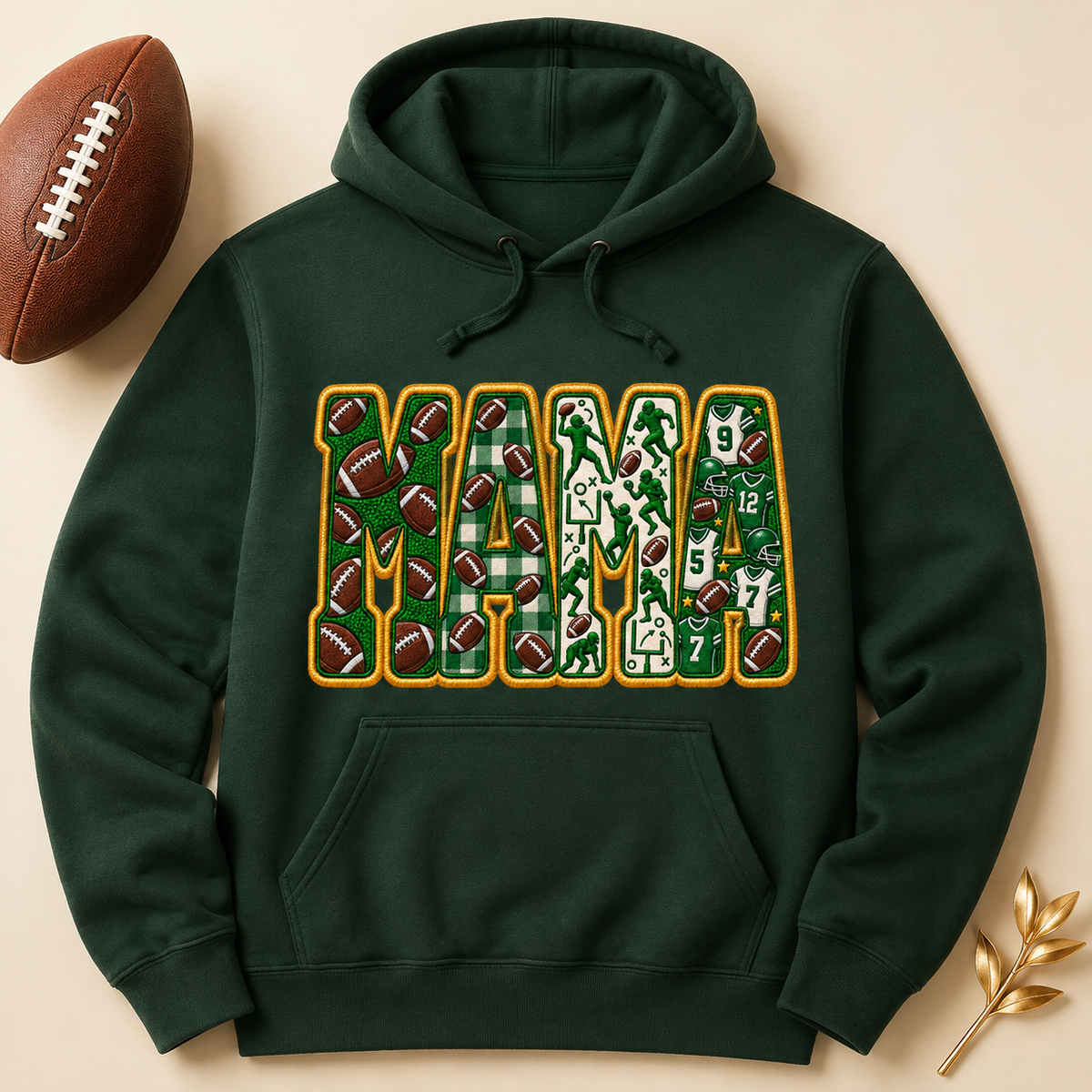 Green and gold football MAMA spiritwear mockup